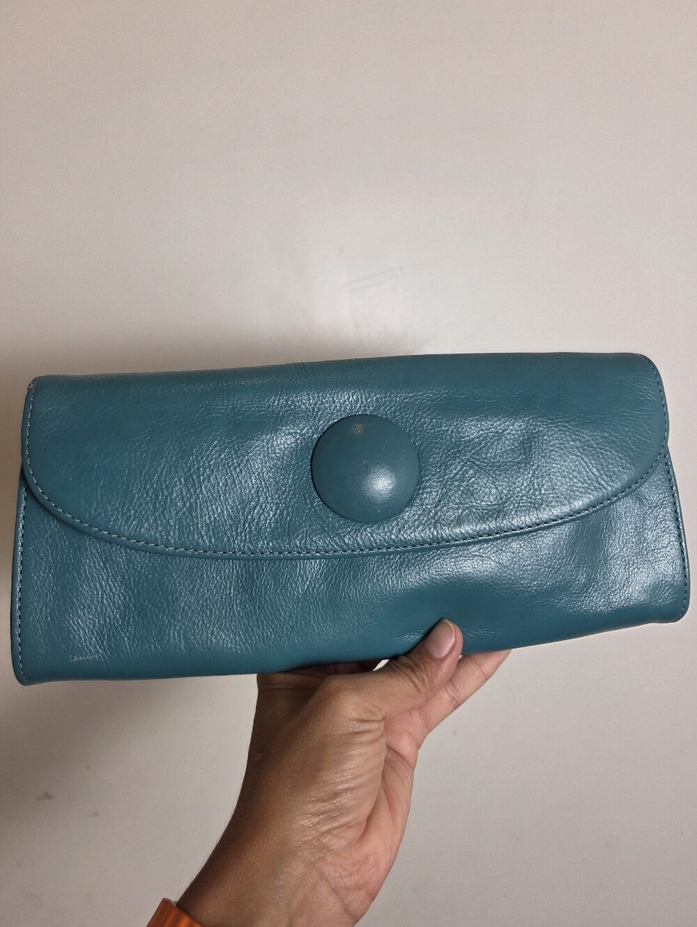 HOBO Vintage Blue Teal Glazed Leather Flap Wallet Clutch Round Button Accent